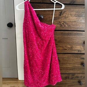 One shoulder Hot Pink Sequin Mini Dress